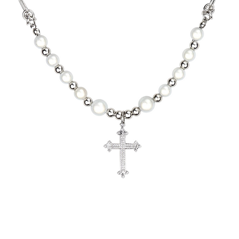 Cross Pendant Reflective Bead Necklace