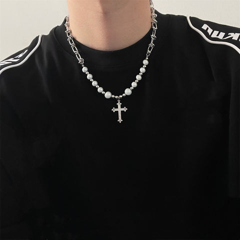 Cross Pendant Reflective Bead Necklace