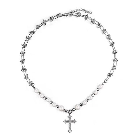 Cross Pendant Reflective Bead Necklace