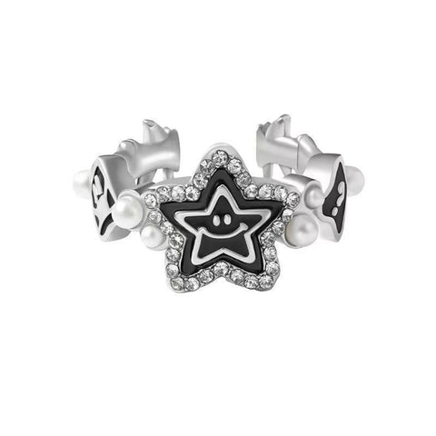 LURE, Adjustable Lucky Star Silver Ring, Blue, Black