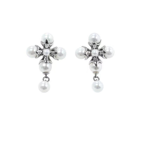 Cross Metal Pearl Pendant Earrings